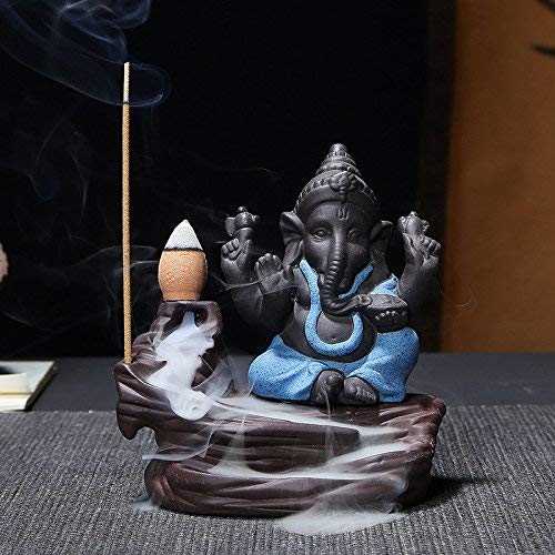Lord Ganesha Smoke Fountain Backflow Incense Holder – Spiritual Home Decor Idol with 10 Scented Cones | Black Polyresin