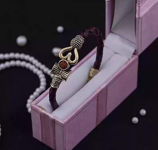 Rudraksha Damru Leather Bracelet – Lord Shiva Spiritual Bracelet for Men | Mahadev Devotional Wrist Band