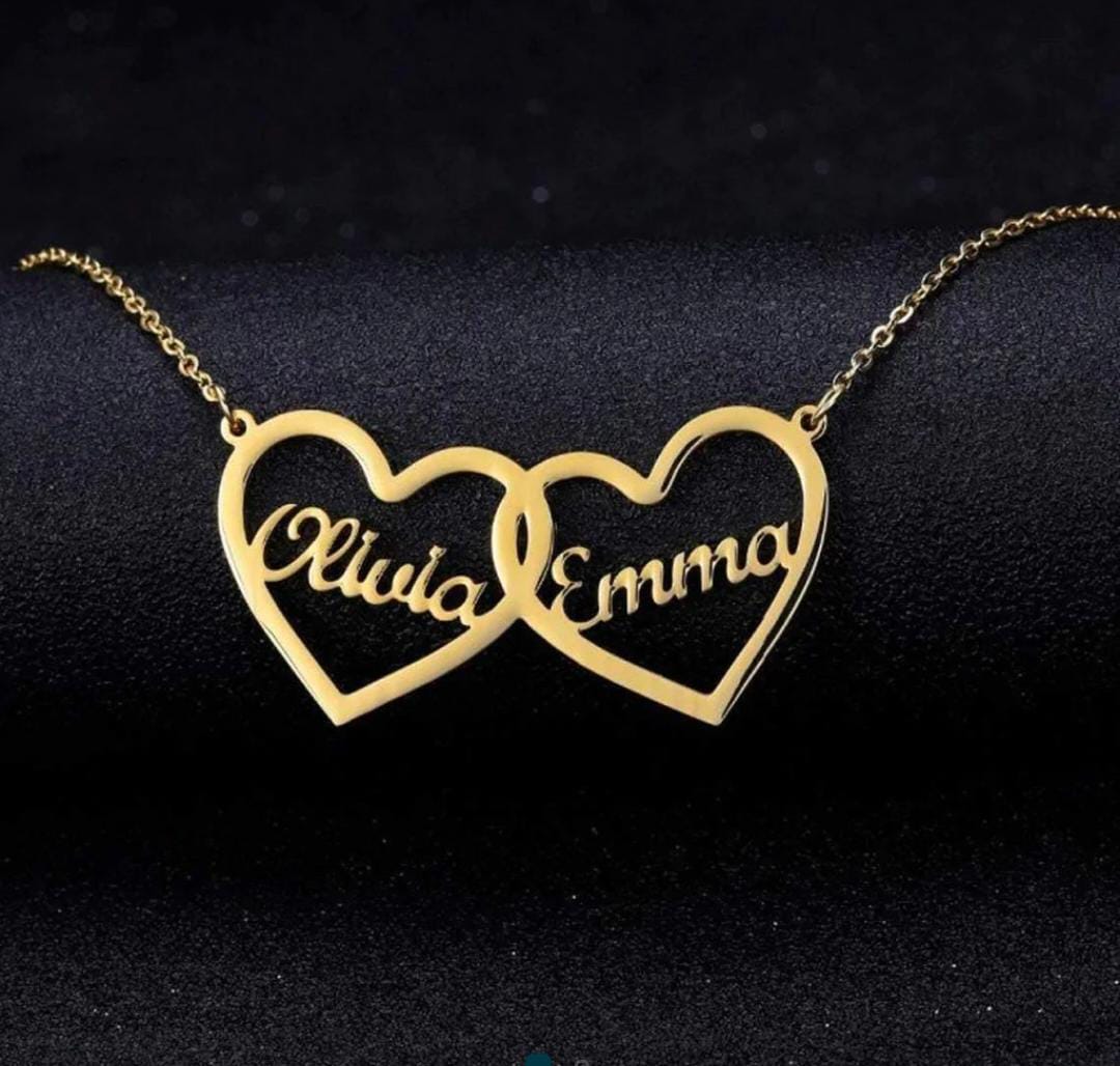 Customized Couple Two Hearts Name Necklace in Gold & Silver | Personalized Pendant