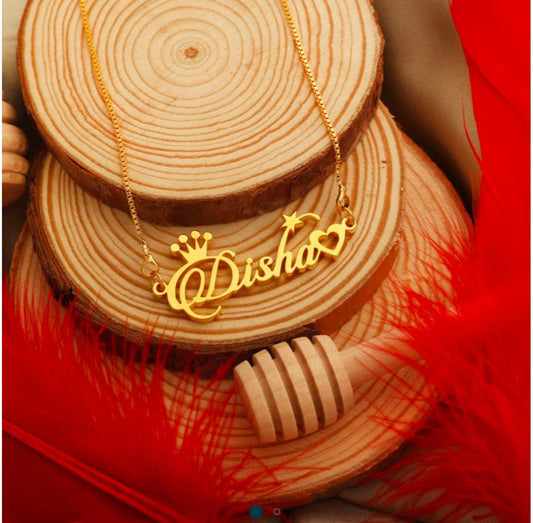 Customized Name Necklace with Crown, Star & Heart Design | Gold & Silver Personalized Pendant