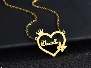 Customized Heart Name Necklace with Butterfly & Crown in Gold & Silver | Personalized Pendant